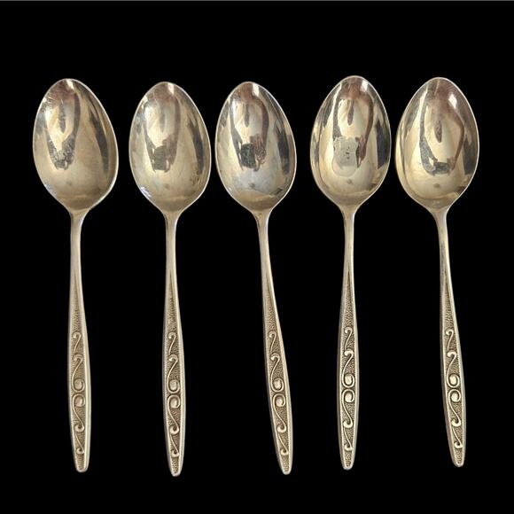 Set of 5 Rutgers Stainless Tablespoons Japan Swirl Scroll Pattern Flatware Vtg - Picture 1 of 4